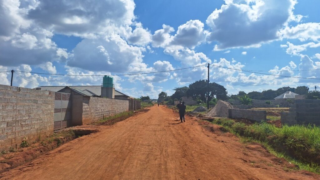 A wide dirt road runs through a residential neighborhood with brick walls, homes, and a person walking in the distance.